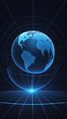 Poster - blue hologram earth globe projection grid technology abstract background with copy space