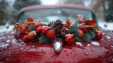 Wall Mural - A red car with a Christmas wreath on the hood. There are pine cones, red and orange ornaments, and snow on the hood.