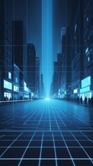 Poster - blue hologram street scene projection grid technology abstract background with copy space