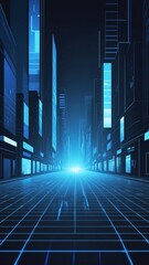 Poster - blue hologram street scene projection grid technology abstract background with copy space