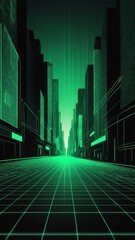 Poster - green hologram street scene projection grid technology abstract background with copy space