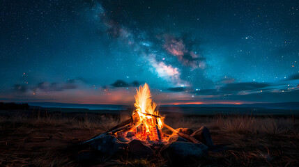 Campfire at night with a sky full of stars in background