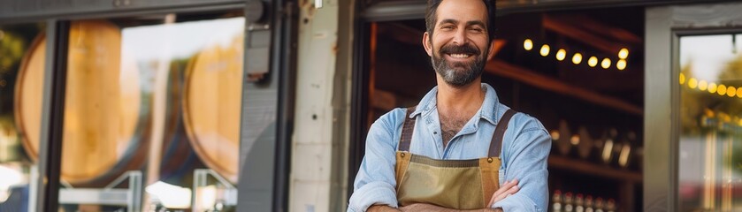 Smiling male shopkeeper standing confidently at the entrance of his shop, wearing an apron and casual clothes, ready to welcome customers.