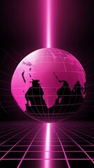 Poster - pink hologram earth globe projection grid technology abstract background with copy space
