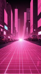 Wall Mural - pink hologram street scene projection grid technology abstract background with copy space