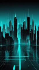 Poster - teal hologram city skyline projection grid technology abstract background with copy space