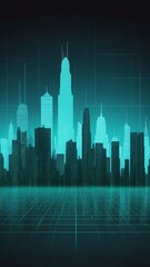 Poster - teal hologram city skyline projection grid technology abstract background with copy space