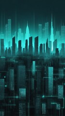 Poster - teal hologram city skyline projection grid technology abstract background with copy space