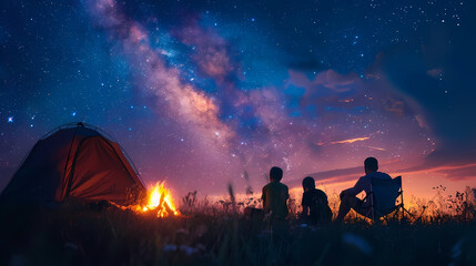 Campfire at night with a sky full of stars in background