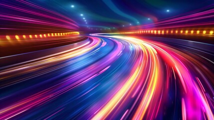 Wall Mural - Modern abstract high speed light effect. Technology futuristic dynamic motion. Glow of bright lines of transport vehicle driving on road highway. Vector illustration which is very good