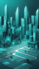 Poster - teal theme smart city layout concept technology abstract background with copy space