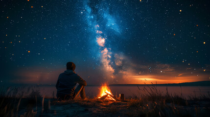 Campfire at night with a sky full of stars in background