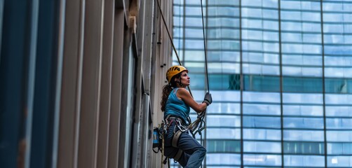 Female Cleaner in Protective Gear Cleaning Windows on High Rise Building.Generated image