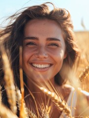 A happy woman smiling in a sunny field of golden wheat