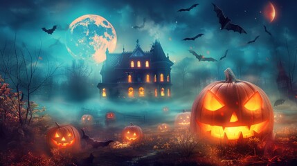Wall Mural - a spooky halloween background featuring a haunted house silhouetted against a full moon, surrounded 
