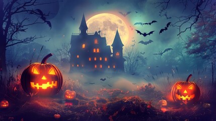 Wall Mural - a halloween background featuring a spooky scene with a haunted house silhouetted against a full moon