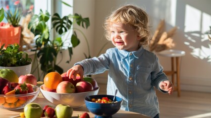 Canvas Print - A young child reaching for a bowl of fruit on the table, AI