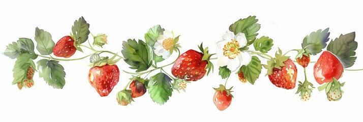 Watercolor vector drawing of strawberry fruit plant leaf over white background