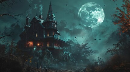 A Halloween background with a spooky haunted house and full moon, creating a haunting and mysterious atmosphere