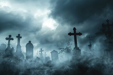 Wall Mural - A misty, dark cemetery with tombstones silhouetted against a stormy sky.