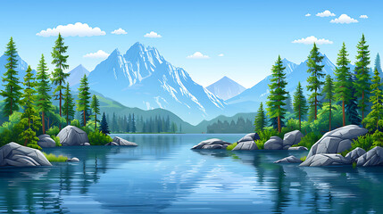 Summer lake background on green natural landscape