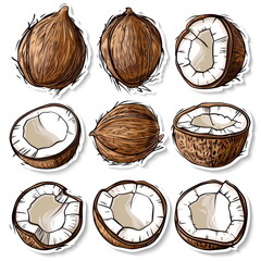 Wall Mural - Collection sticker of coconut, white background, vector illustration