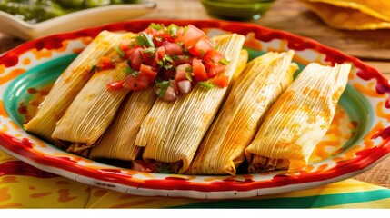 Wall Mural - Delicious Tamales with Fresh Salsa on a Decorative Mexican Plate