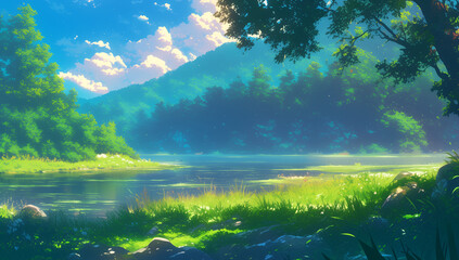 Wall Mural - A serene forest scene with a calm river flowing through, illustration