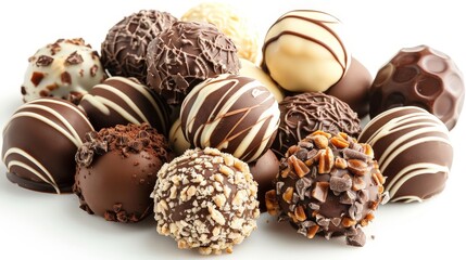 Wall Mural - Pile of assorted chocolate truffles, isolated on a pristine white background, showcasing their rich textures and varied shapes