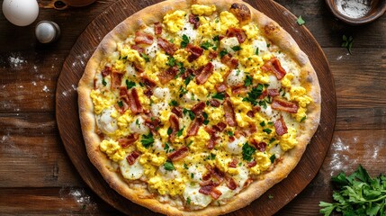 Wall Mural - Top view of a breakfast pizza with crispy bacon, scrambled eggs, and mozzarella cheese, on a light and fluffy crust.