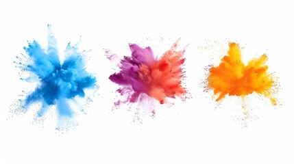 Canvas Print - Series of vibrant powder bursts, captured in mid-explosion, isolated on a white background, symbolizing festive color celebrations