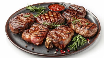 Wall Mural - Set of different grilled meat steaks on a plate, decorated with pepper sauce and rosemary, isolated on a white background, showcasing popular beef steak and delicious food