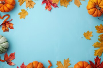colorful autumn leaves and pumpkins arranged around a blue background.