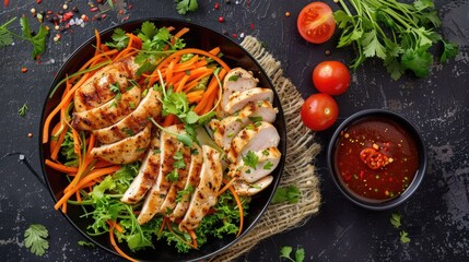 Wall Mural - Top view of a papaya salad with shredded carrots and tomatoes, served with grilled chicken breasts and a dipping sauce.