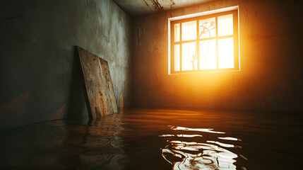 Wall Mural - Flooded Basement Room with Sunlight Streaming Through a Window