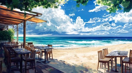 Wall Mural - Watercolor digital illustration style painting of a restaurant on a tropical beach with sea and trees in summer. Cartoon or anime style illustration.