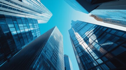 A skyscraper building with clear blue sky. Sustainable green building design. Eco-friendly building design. Sustainable glass office building. Corporate building.