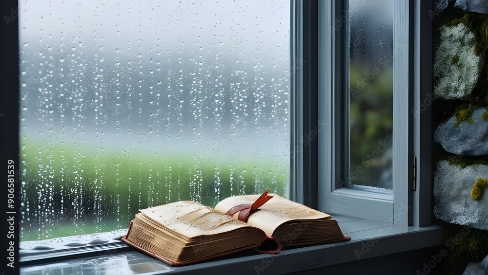 rainy day scene of a window with raindrops trickling down the glass, a ...