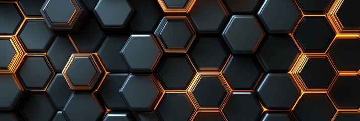Poster - A futuristic hexagon background banner illustration 3D with a glow of gold, brown, gray and black. A wall with a texture wall of a gold, brown, gray and black hexagonal shapes.