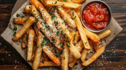 Wall Mural - Top view of a serving of garlic Parmesan fries with a side of marinara sauce and a sprinkle of parsley.