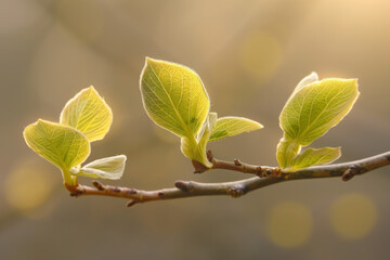 Wall Mural - Young, fresh green leaves emerge from a branch in the springtime