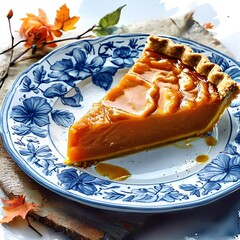 Canvas Print - Plate with piece of fresh delicious homemade pumpkin   pie 