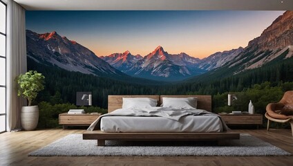 Wall Mural - Mountain view wallpaper for bedroom decor, high contrast