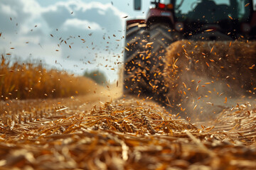 Wall Mural - Freshly harvested wheat seeds fall from tractor engine