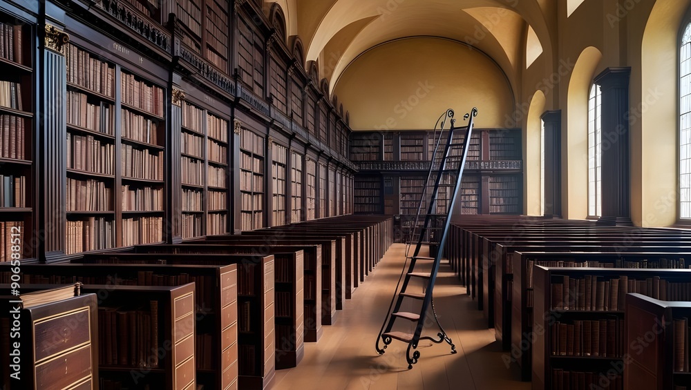 An elegant library with towering bookshelves, a rolling ladder, and ...