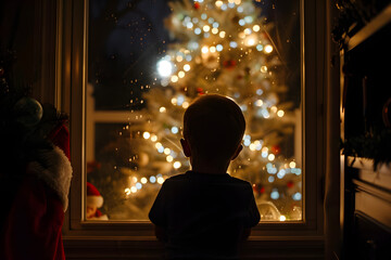 waiting for a miracle, a young boy in a dark room gazes through a window at a beautifully lit christ