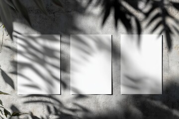Poster - flat lay, top view of three empty white vertical rectangle poster mockups with soft shadows.
