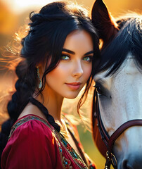 Wall Mural - A beautiful young brunette poses next to a stallion.