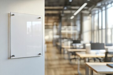 Poster - Printed horizontal transparent glass sign on white wall in office. Front view of nameplate mock up. 3D illustration.