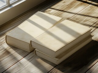 Poster - On outdoor wood table, two books or notebooks mockup with textured kraft paper hardcovers